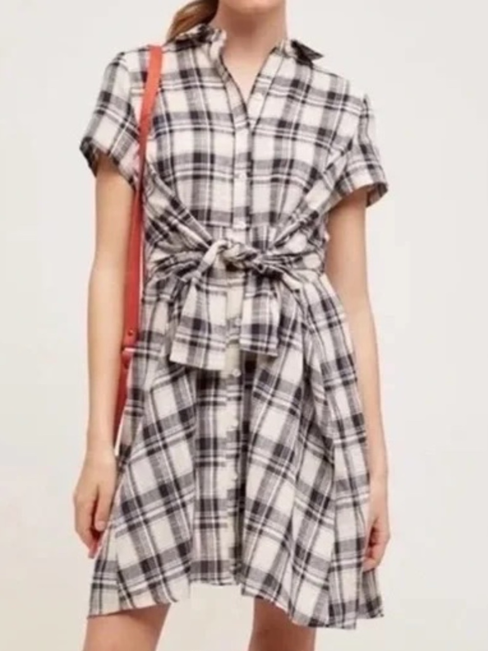 Anthropologie 11.1 TYLHO Plaid Shirt Dress Tie Waist Short Sleeve NWT
